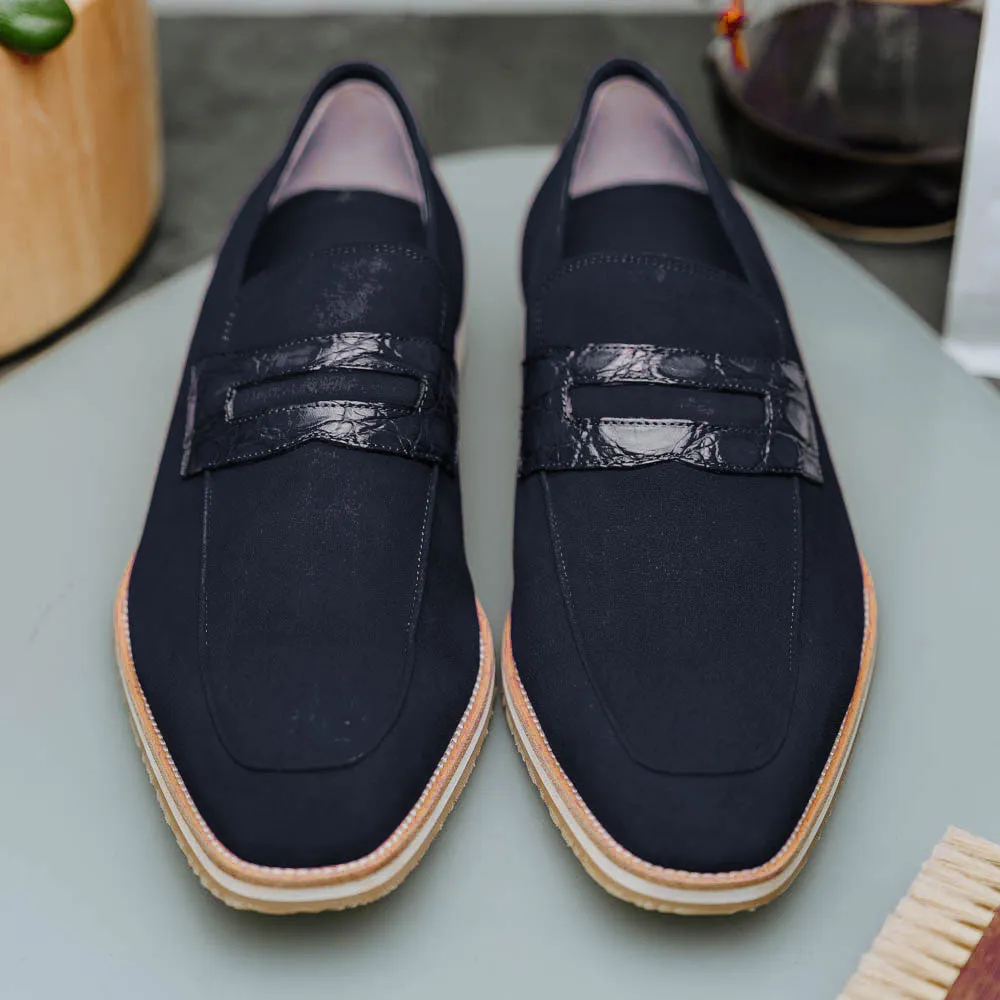 11-020-NVY MEO 3 Sueded Goatskin Penny Loafer, Navy