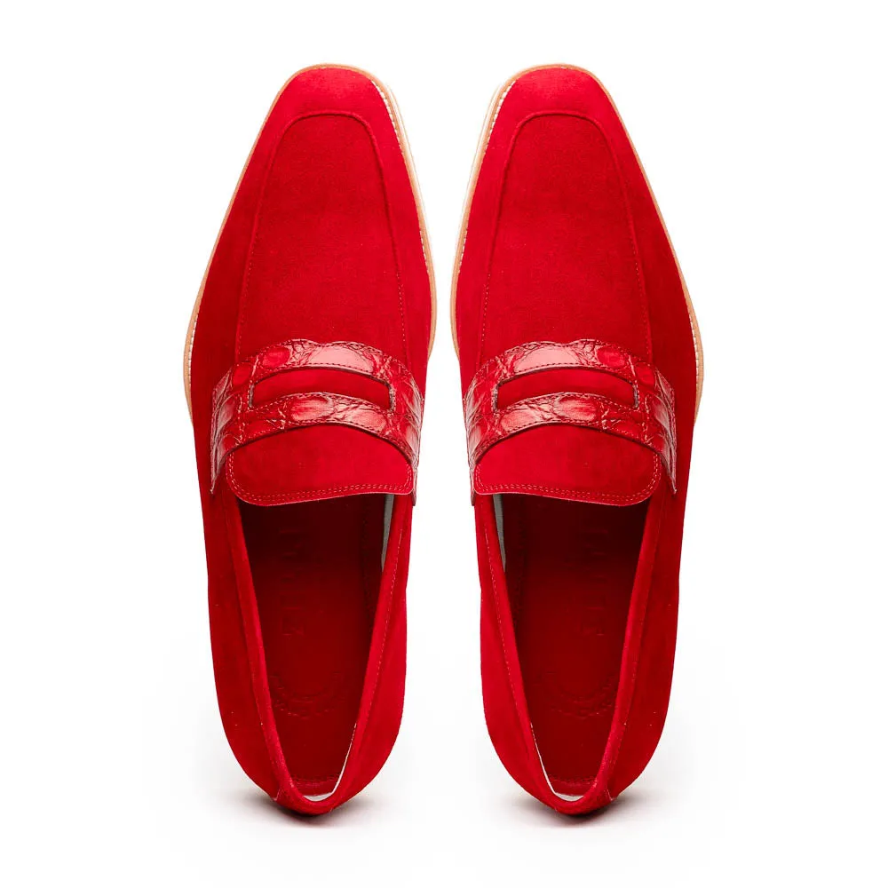 11-020-RED MEO 3 Sueded Goatskin Penny Loafer, Red