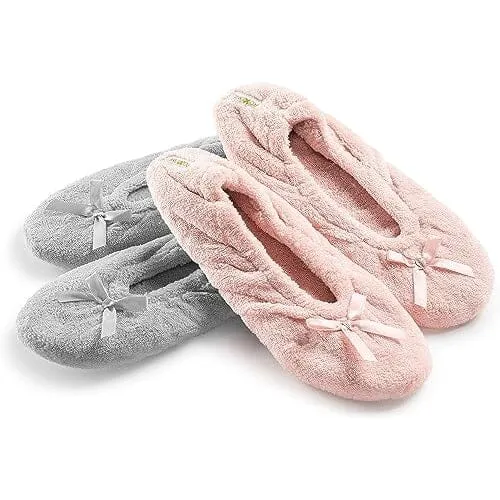 2-Pairs: Roxoni Women's Terry Classic Cotton & Velour Ballerina Slippers