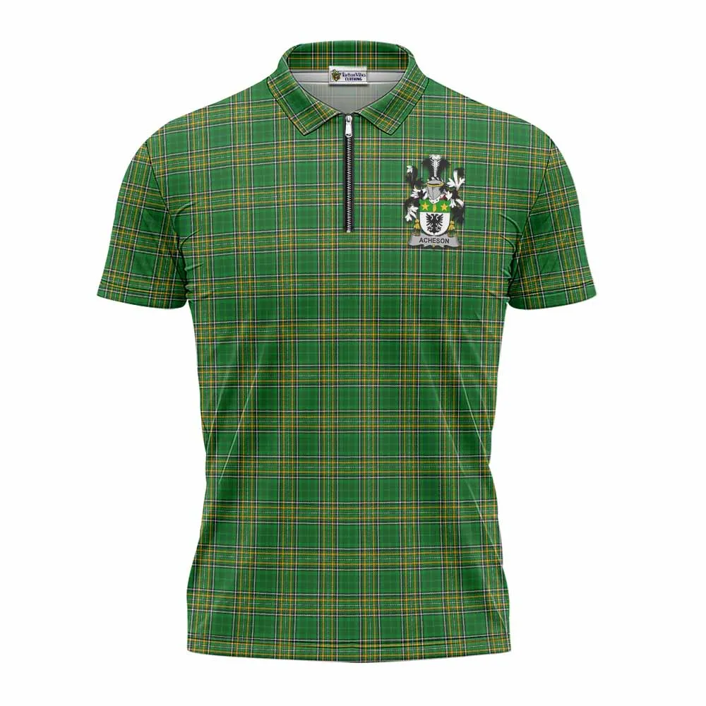 Acheson Irish Clan Tartan Zipper Polo Shirt with Coat of Arms