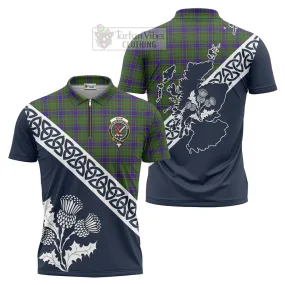 Adam Tartan Zipper Polo Shirt Featuring Thistle and Scotland Map