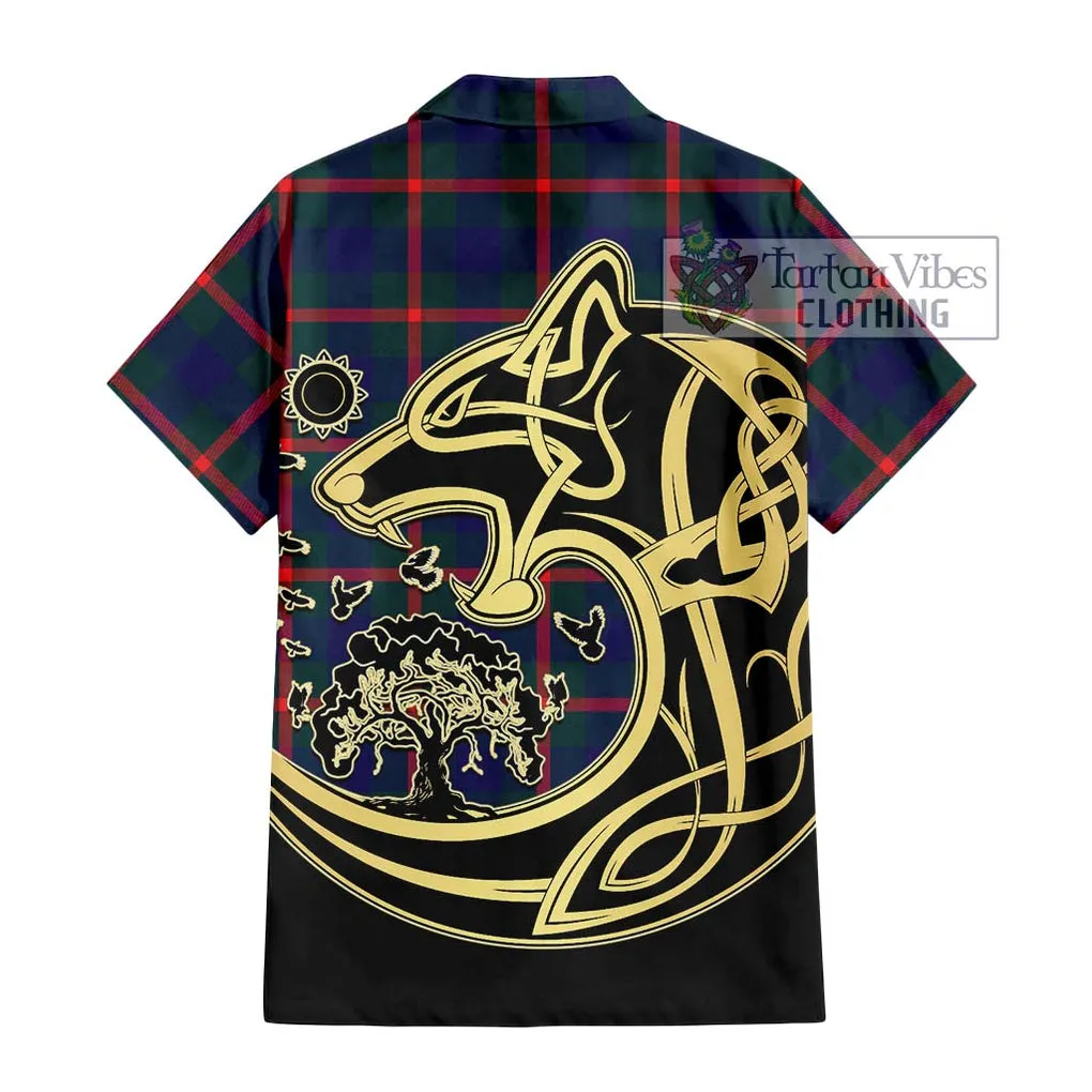 Agnew Tartan Short Sleeve Button Shirt with Family Crest Celtic Wolf Style