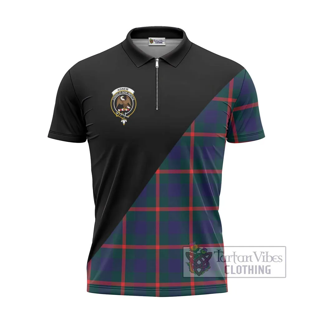 Agnew Tartan Zipper Polo Shirt with Family Crest and Military Logo Style