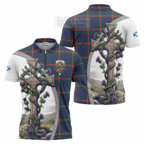 Agnew Tartan Zipper Polo Shirt with Family Crest and St. Andrew's Cross Accented by Thistle Vines