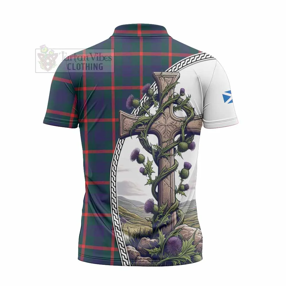 Agnew Tartan Zipper Polo Shirt with Family Crest and St. Andrew's Cross Accented by Thistle Vines