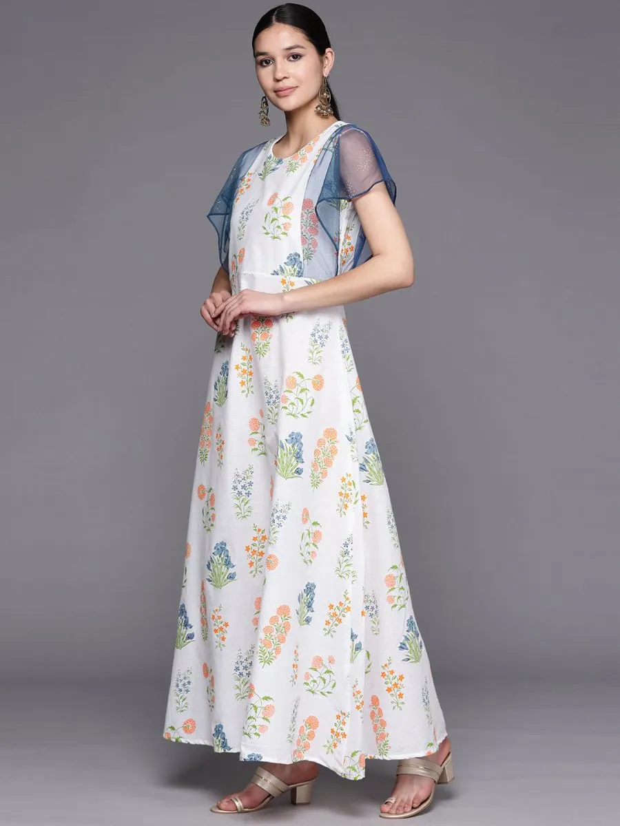 Ahalyaa Women White & Blue Printed A-Line Kurta