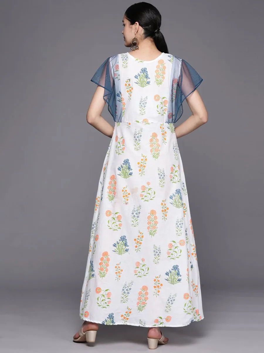 Ahalyaa Women White & Blue Printed A-Line Kurta