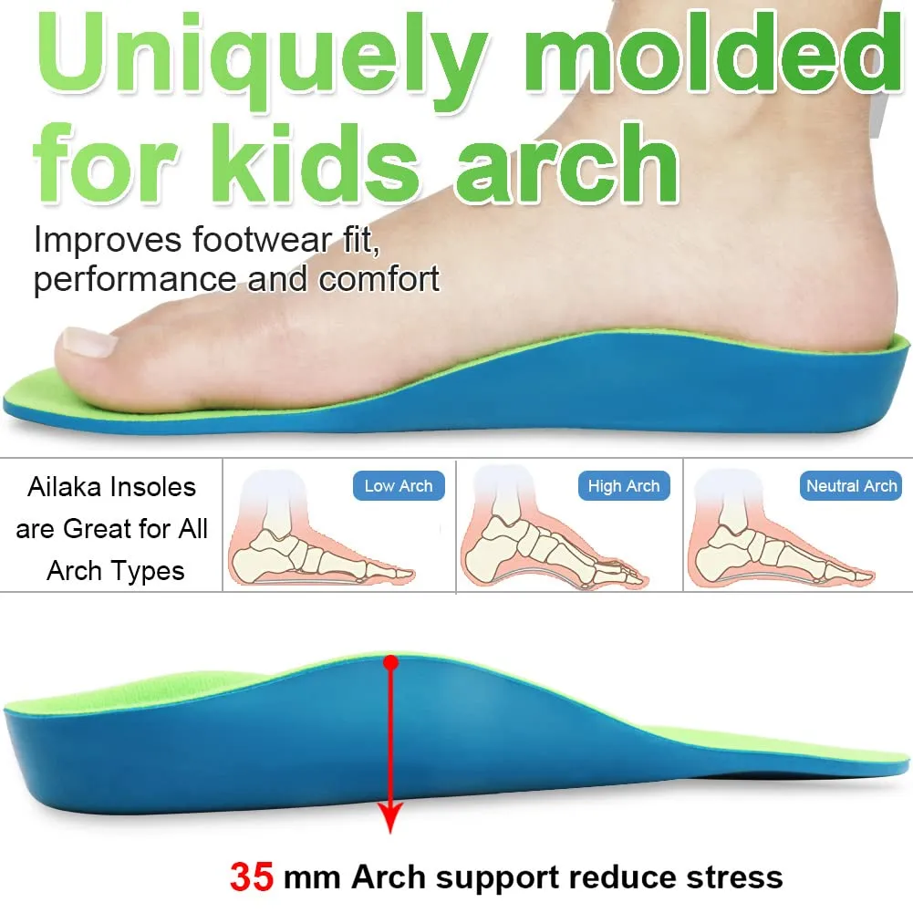 Ailaka Kids Orthotic Cushioning Arch Support Shoe Insoles, Children Pu Foam Inserts for Flat Feet, Plantar Fasciitis, Feet Heel Pain Relief 4-6 M US Big Kid