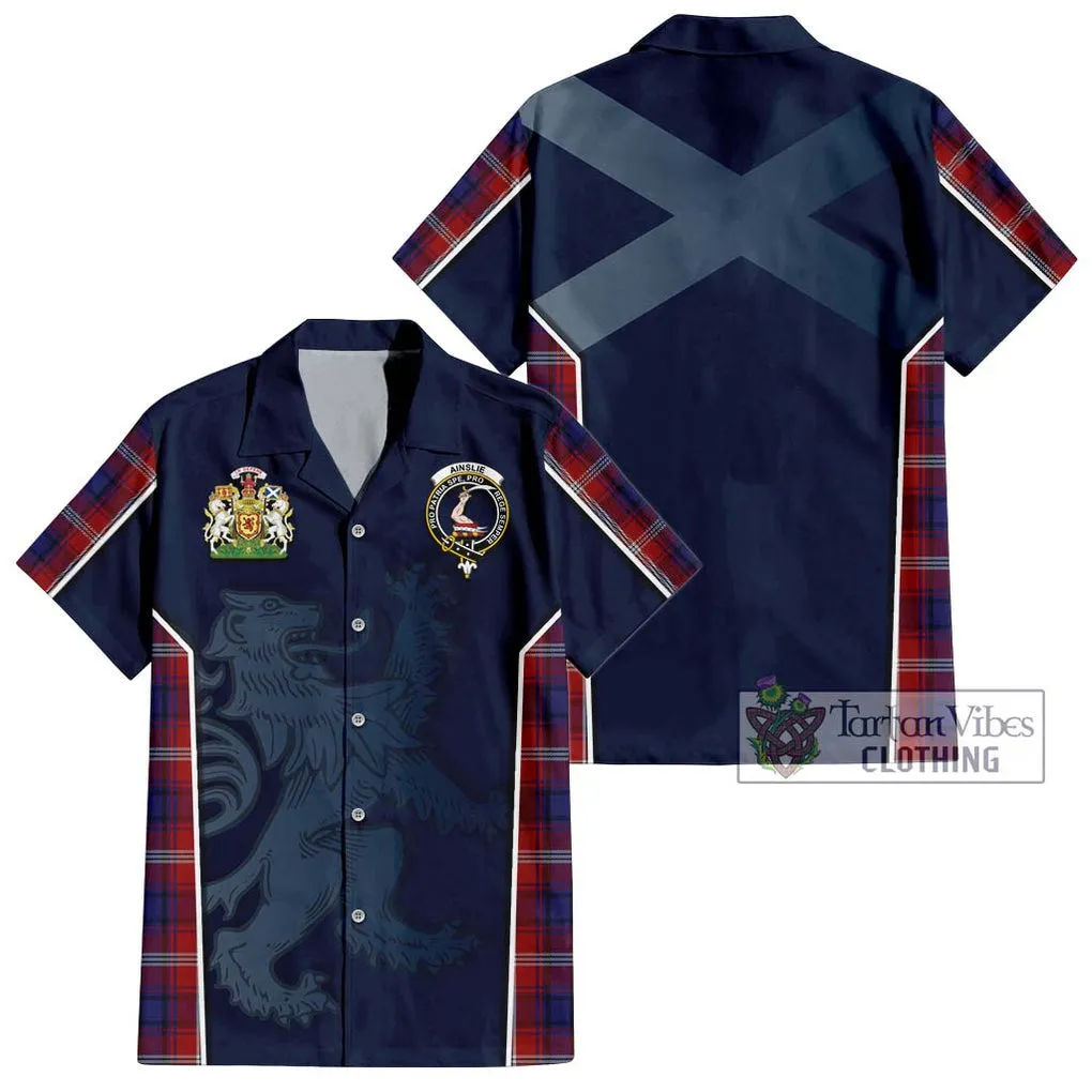 Ainslie Tartan Short Sleeve Button Shirt with Family Crest and Lion Rampant Vibes Sport Style