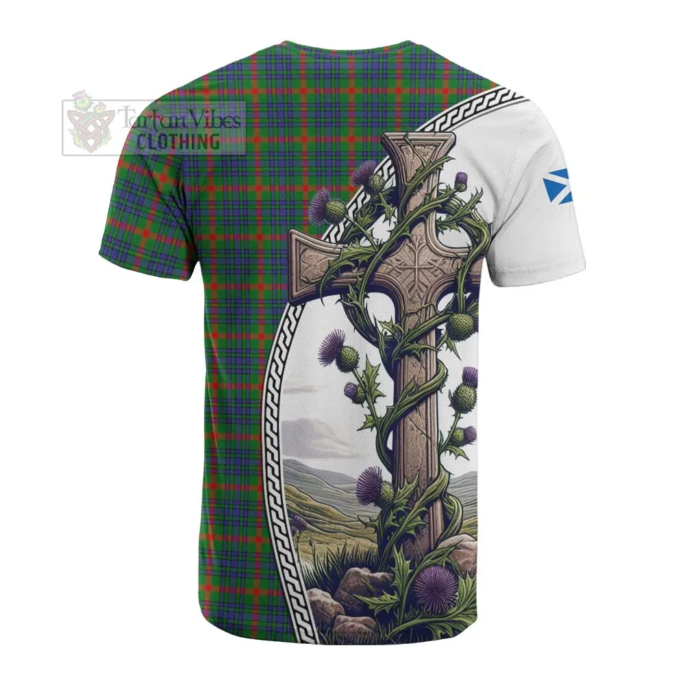 Aiton Tartan Cotton T-shirt with Family Crest and St. Andrew's Cross Accented by Thistle Vines