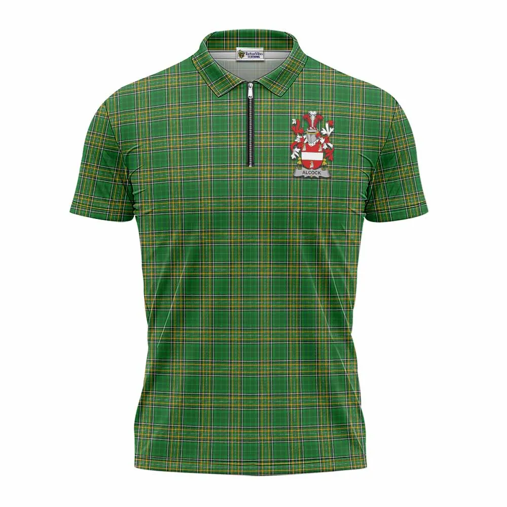 Alcock Irish Clan Tartan Zipper Polo Shirt with Coat of Arms