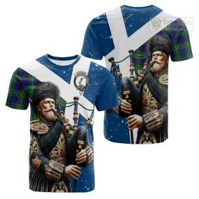 Alexander Tartan Cotton T-shirt with Family Crest Scottish Bagpiper Vibes