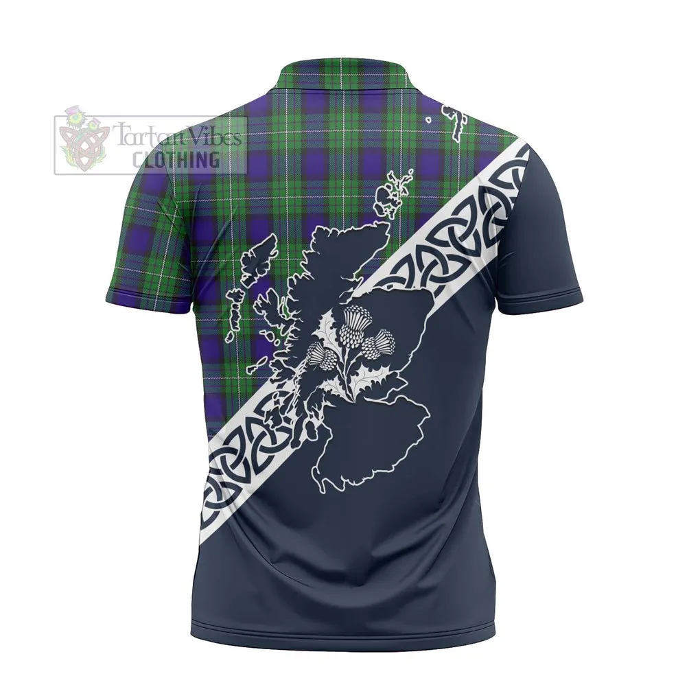 Alexander Tartan Zipper Polo Shirt Featuring Thistle and Scotland Map