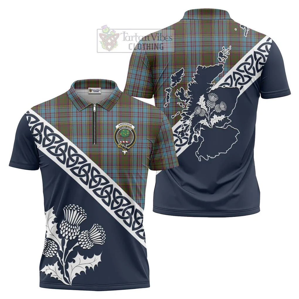 Anderson Tartan Zipper Polo Shirt Featuring Thistle and Scotland Map