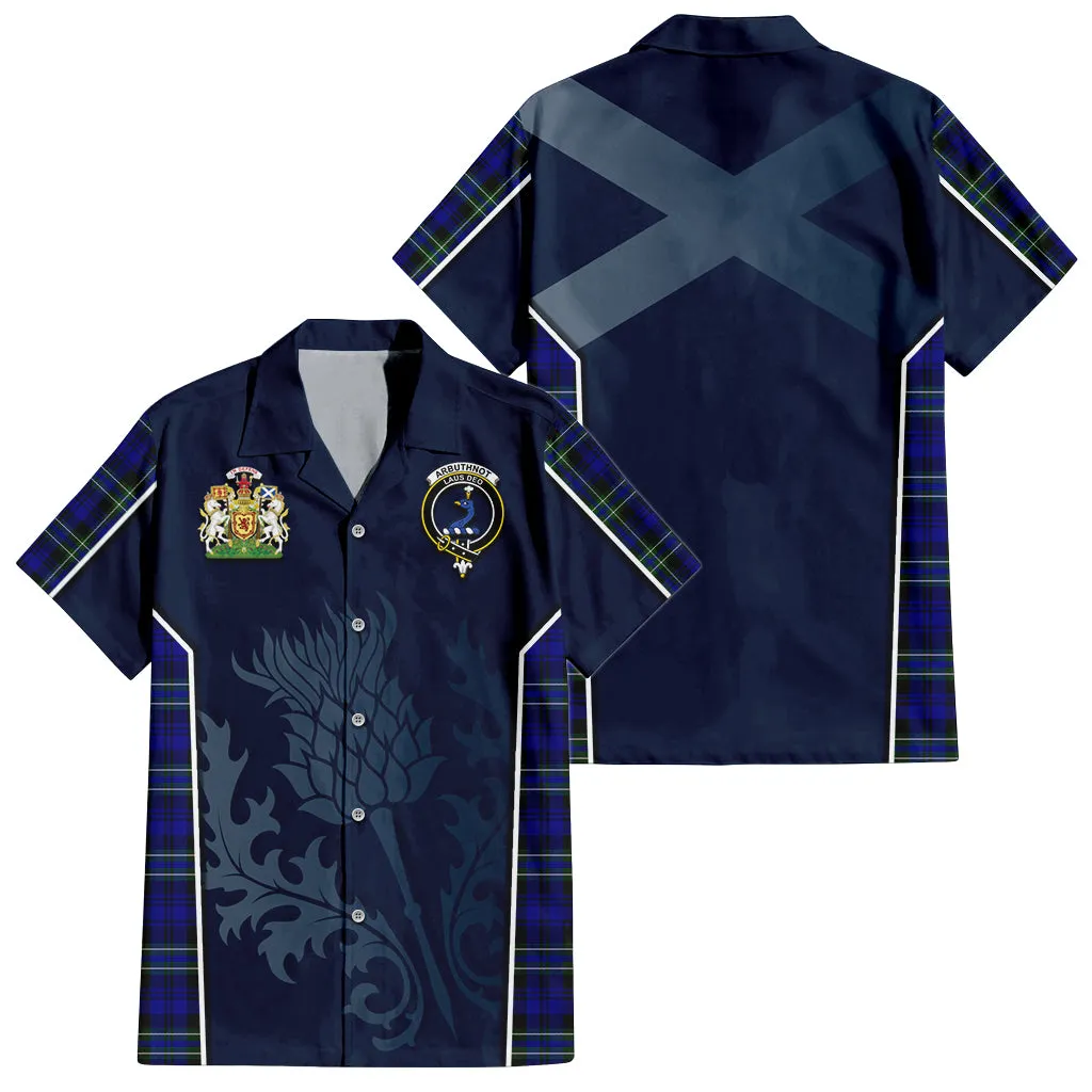 Arbuthnot Modern Tartan Short Sleeve Button Up Shirt with Family Crest and Scottish Thistle Vibes Sport Style