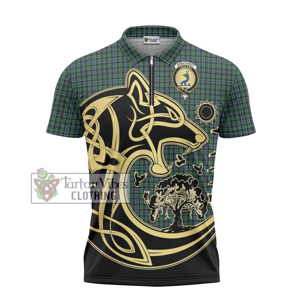 Arbuthnot Tartan Zipper Polo Shirt with Family Crest Celtic Wolf Style