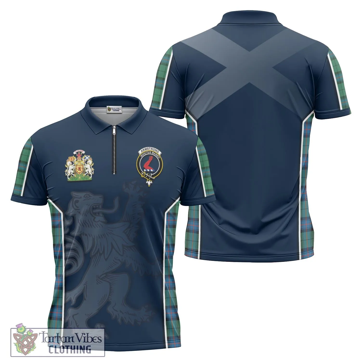 Armstrong Ancient Tartan Zipper Polo Shirt with Family Crest and Lion Rampant Vibes Sport Style