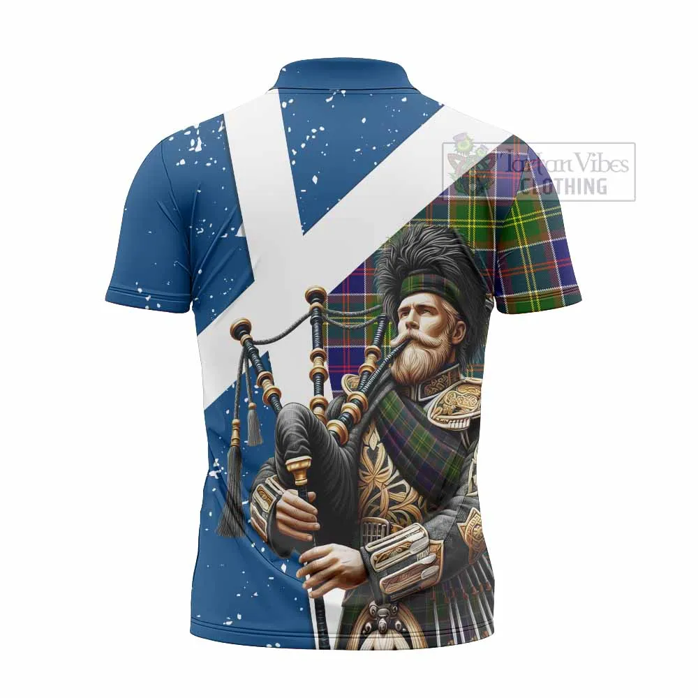 Arnott Tartan Zipper Polo Shirt with Family Crest Scottish Bagpiper Vibes