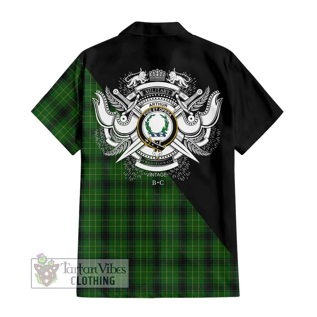 Arthur Highland Tartan Short Sleeve Button Shirt with Family Crest and Military Logo Style