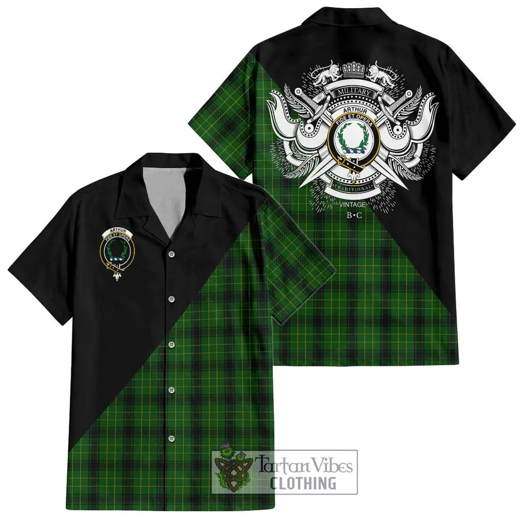 Arthur Highland Tartan Short Sleeve Button Shirt with Family Crest and Military Logo Style