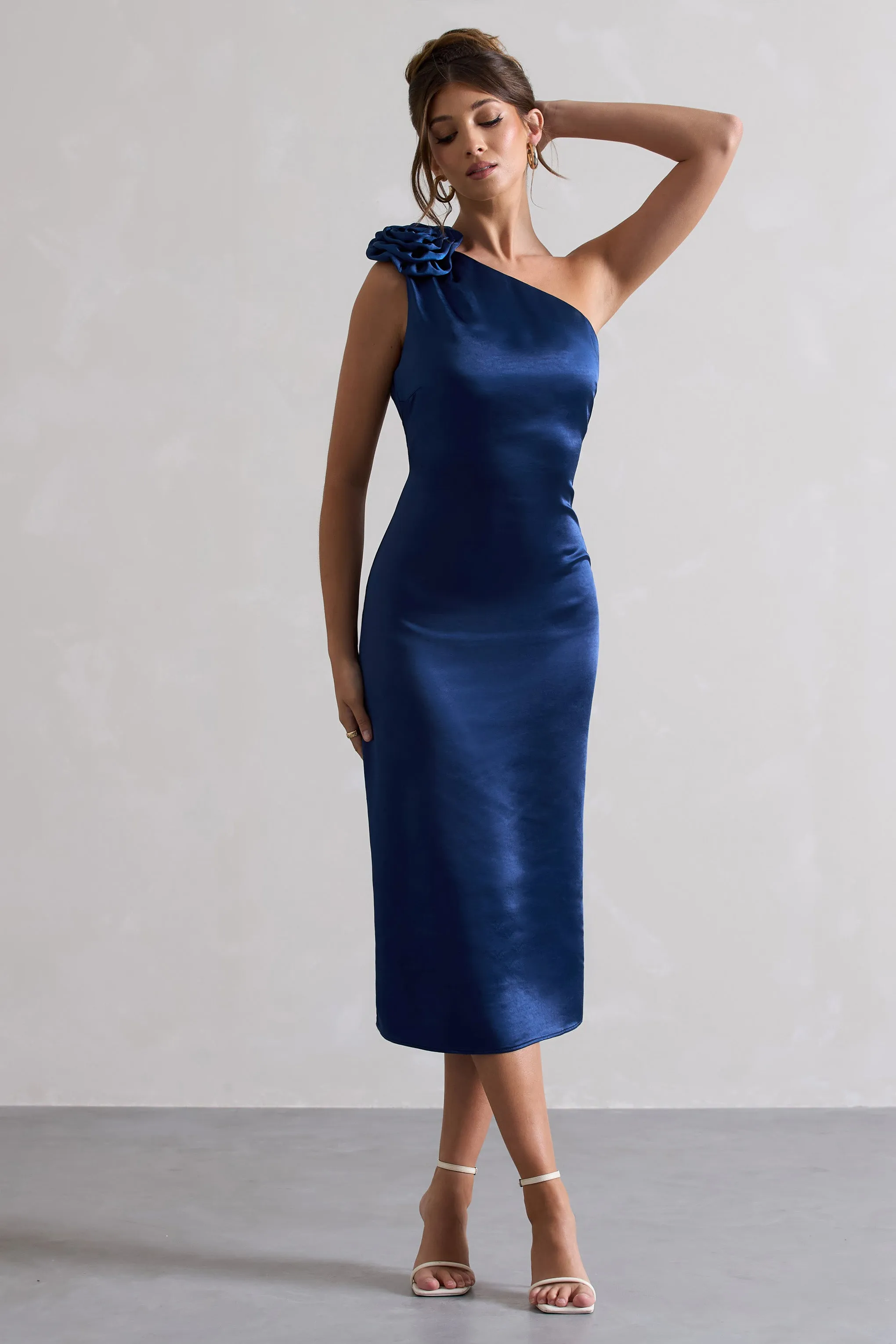 Ascot | Navy Satin One Shoulder Midi Dress With Corsage