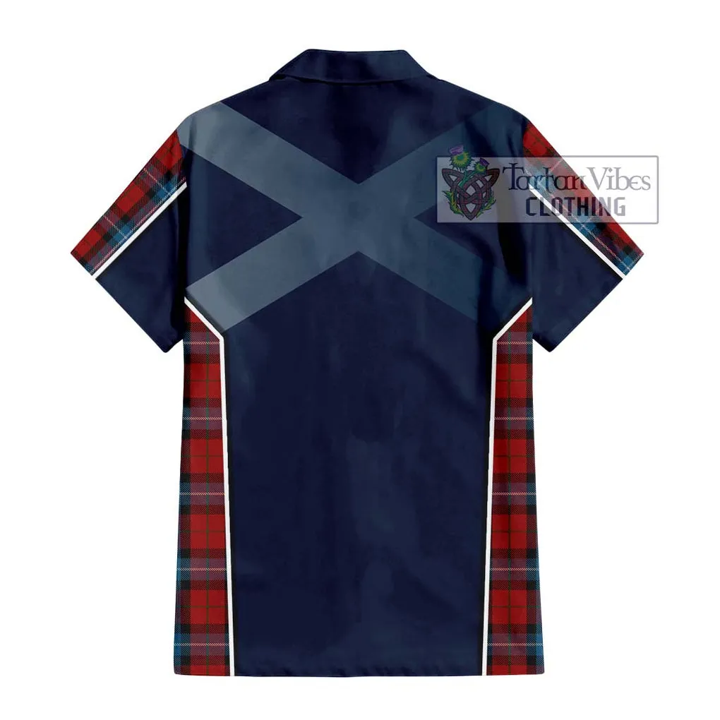 Baillie of Polkemmet Red Tartan Short Sleeve Button Shirt with Family Crest and Lion Rampant Vibes Sport Style