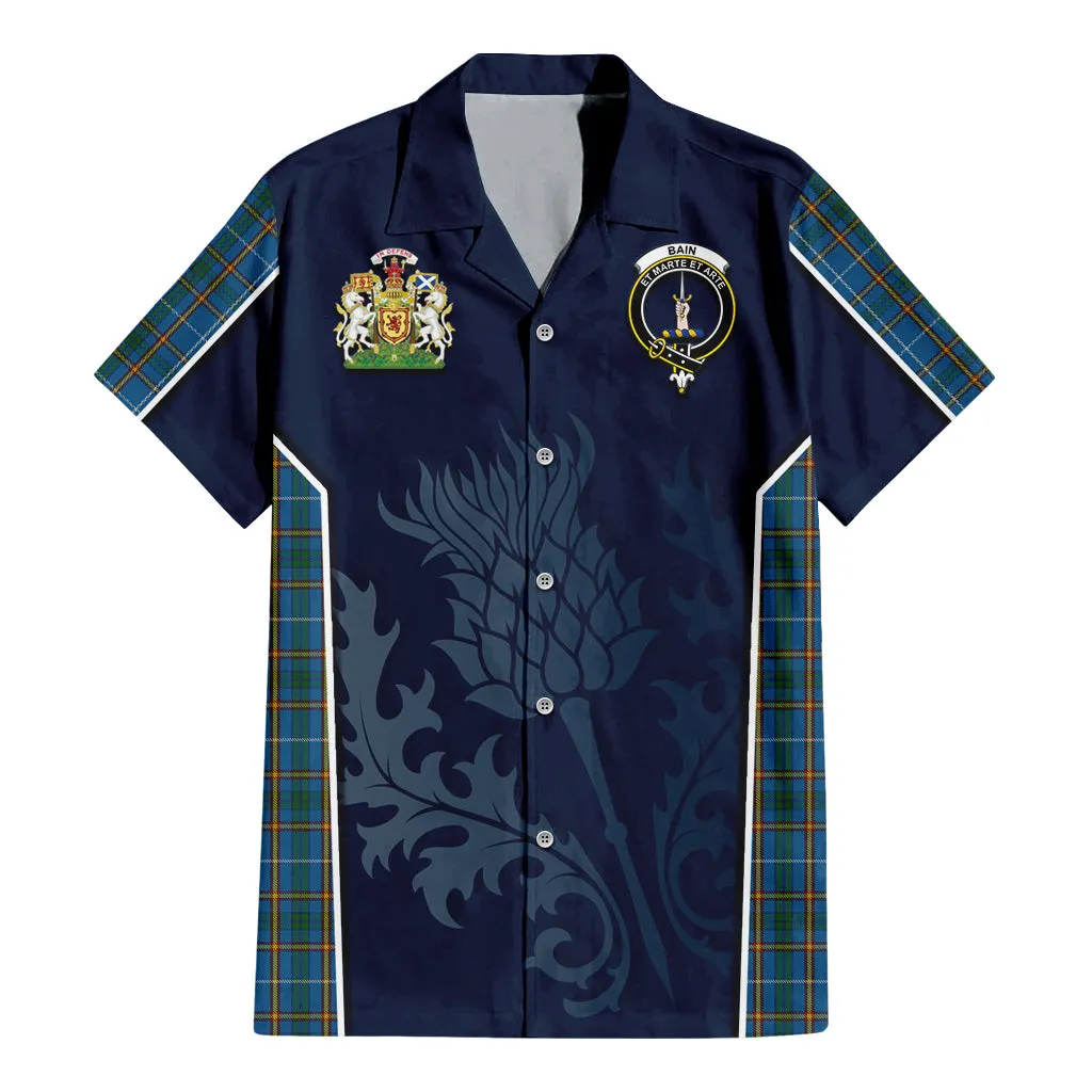 Bain Tartan Short Sleeve Button Up Shirt with Family Crest and Scottish Thistle Vibes Sport Style