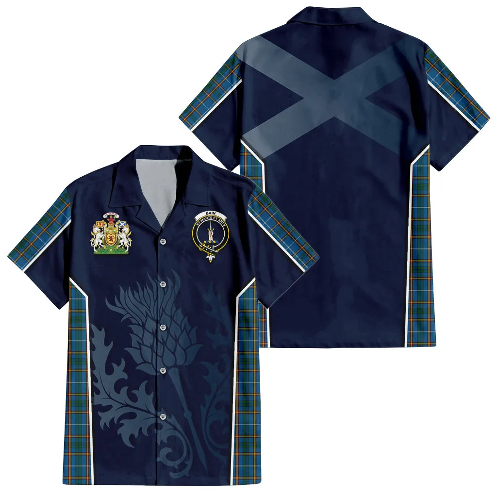 Bain Tartan Short Sleeve Button Up Shirt with Family Crest and Scottish Thistle Vibes Sport Style