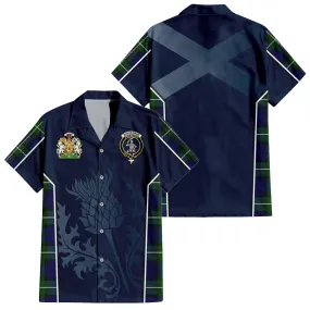 Bannerman Tartan Short Sleeve Button Up Shirt with Family Crest and Scottish Thistle Vibes Sport Style