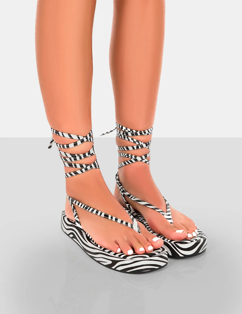 Beach Babe Zebra Lace Up Toe Thong Flatform Sandals