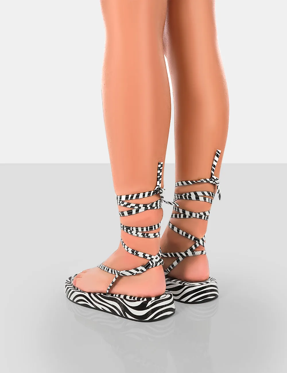 Beach Babe Zebra Lace Up Toe Thong Flatform Sandals