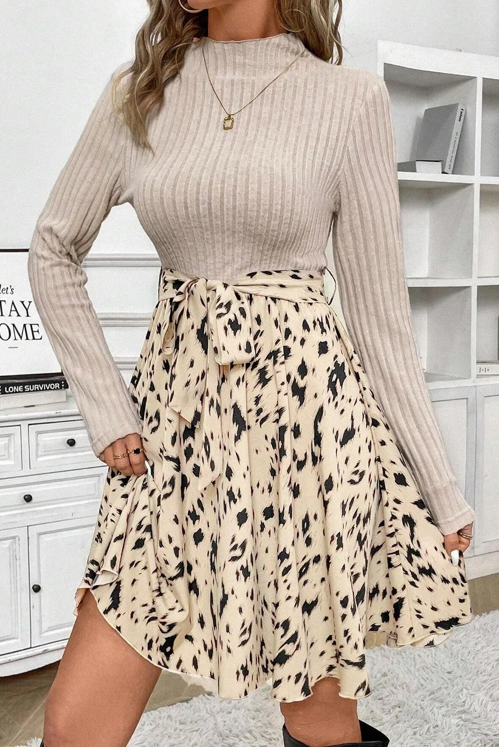 Beige Ribbed Knit Belted A-line Dress