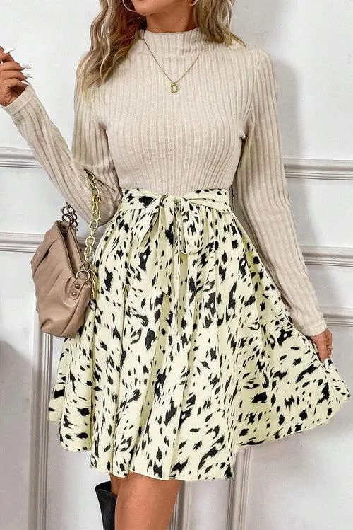 Beige Ribbed Knit Belted A-line Dress