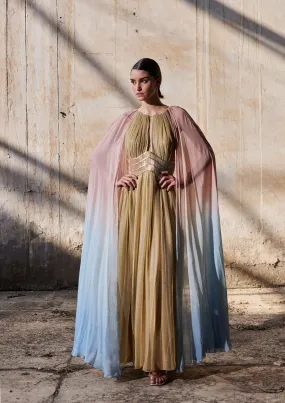 Belted Cape-Sleeves Tulle Maxi Kaftan Dress