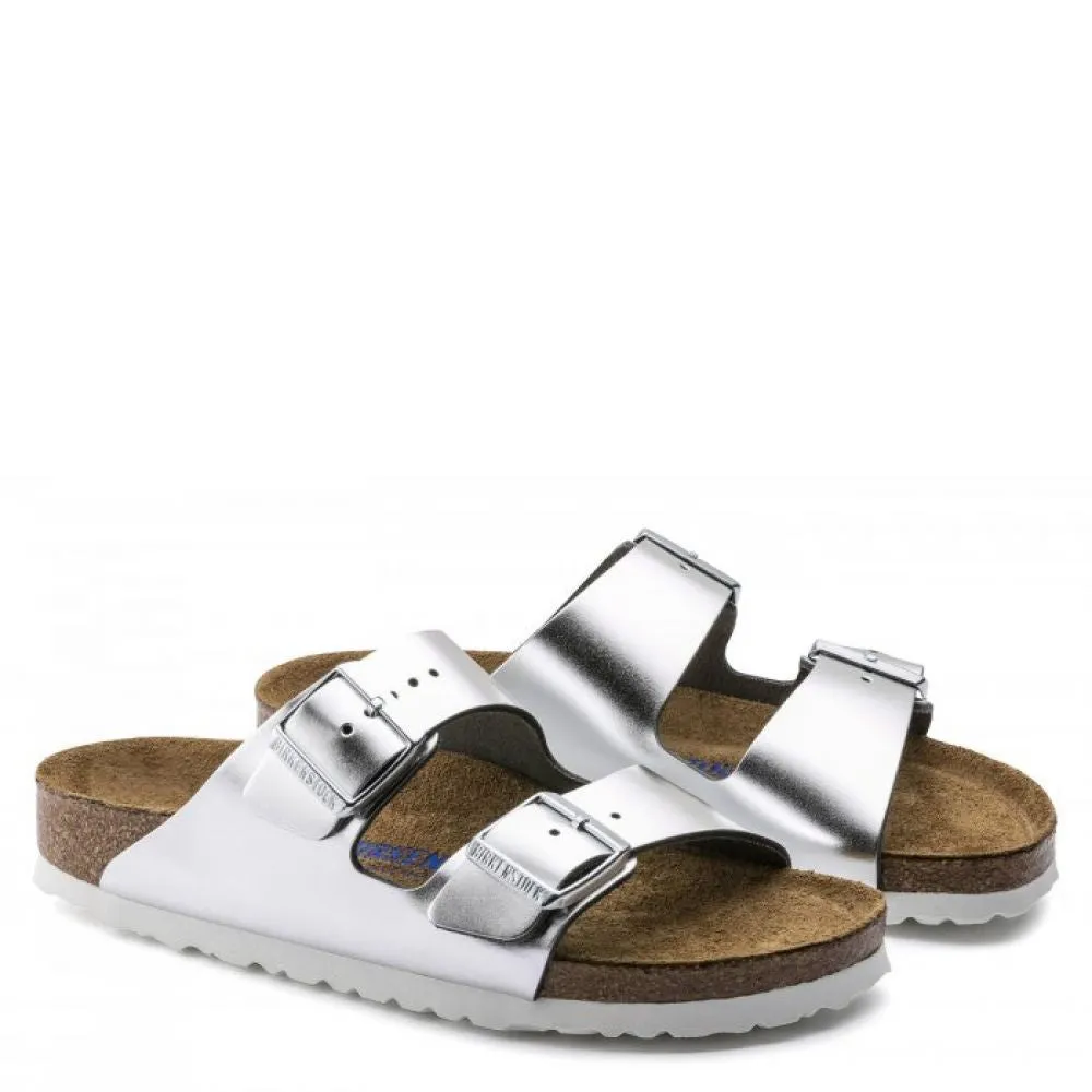 Birkenstock Women's Arizona Softbed Leather in Metallic Silver (Narrow Width)