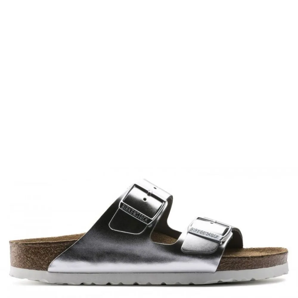 Birkenstock Women's Arizona Softbed Leather in Metallic Silver (Narrow Width)