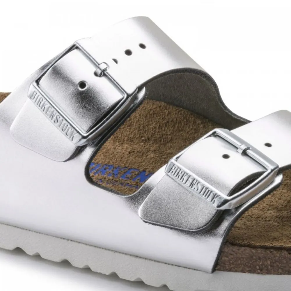 Birkenstock Women's Arizona Softbed Leather in Metallic Silver (Narrow Width)