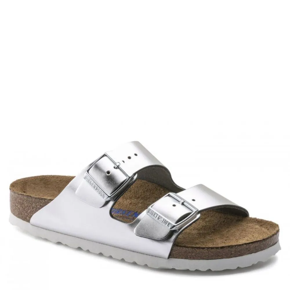 Birkenstock Women's Arizona Softbed Leather in Metallic Silver (Narrow Width)