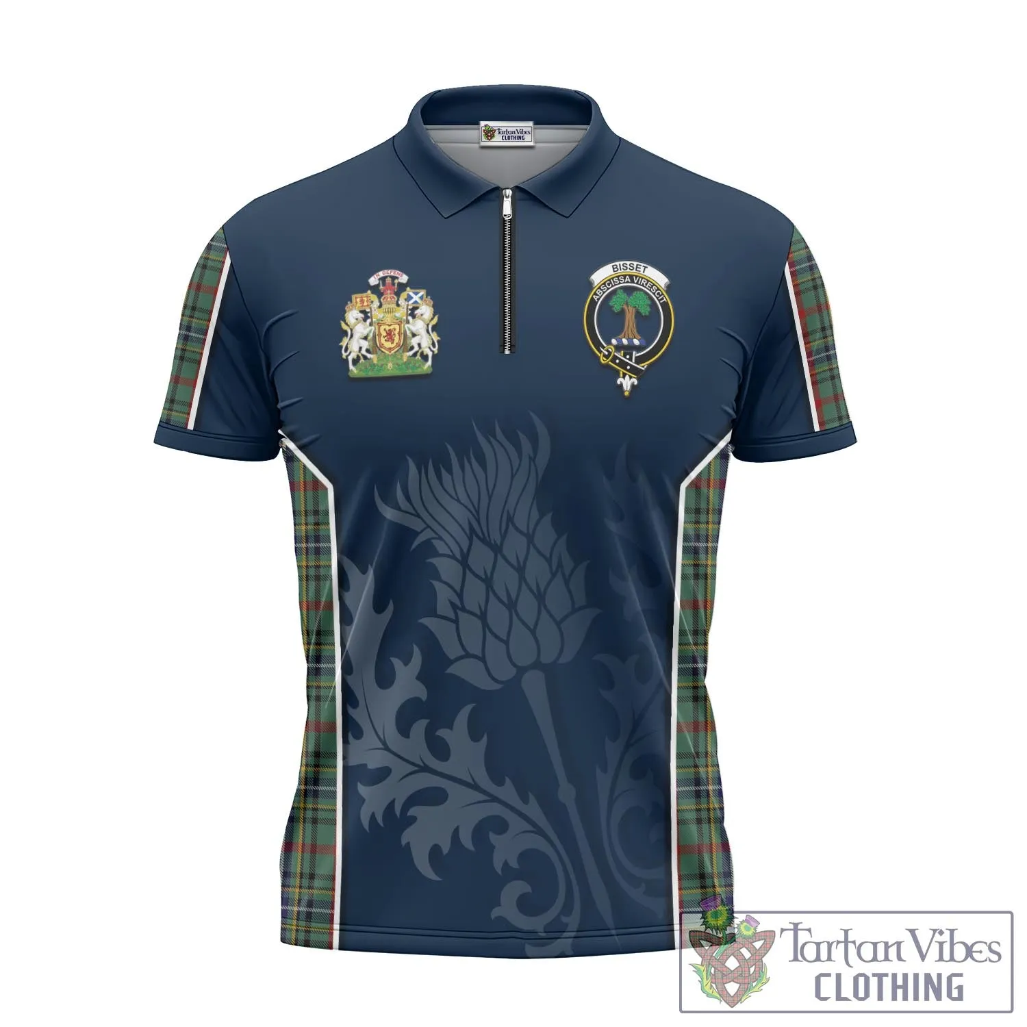 Bisset Tartan Zipper Polo Shirt with Family Crest and Scottish Thistle Vibes Sport Style