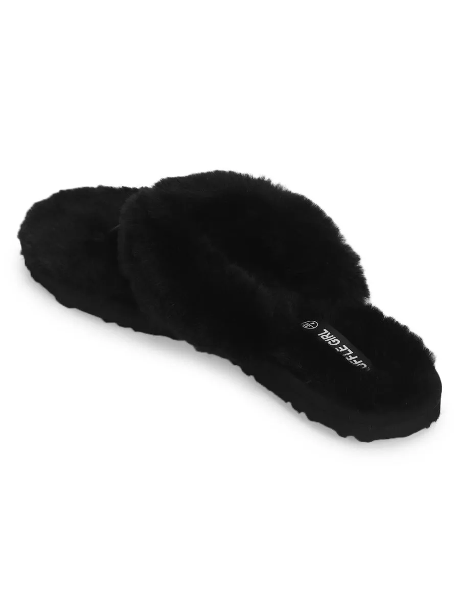 Black Fur Flip Flops