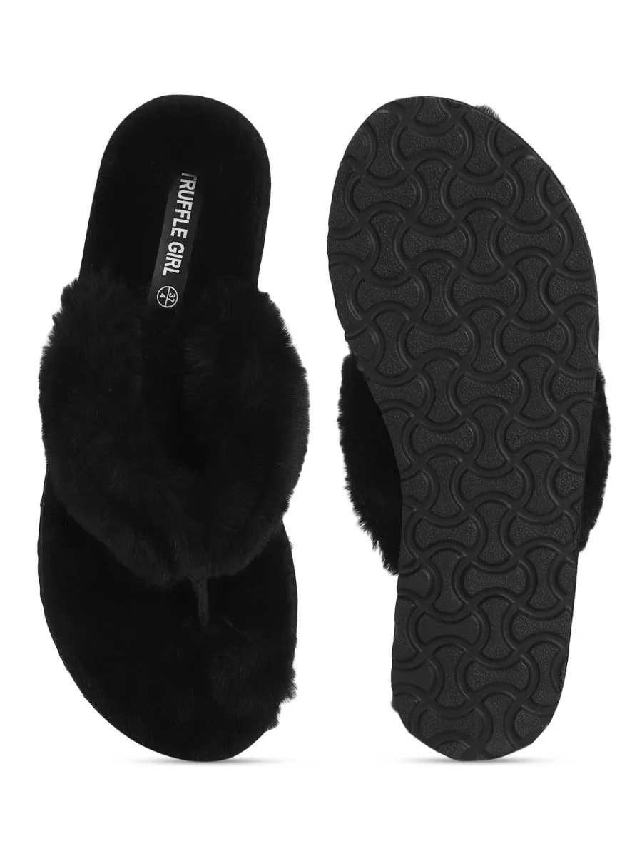 Black Fur Flip Flops