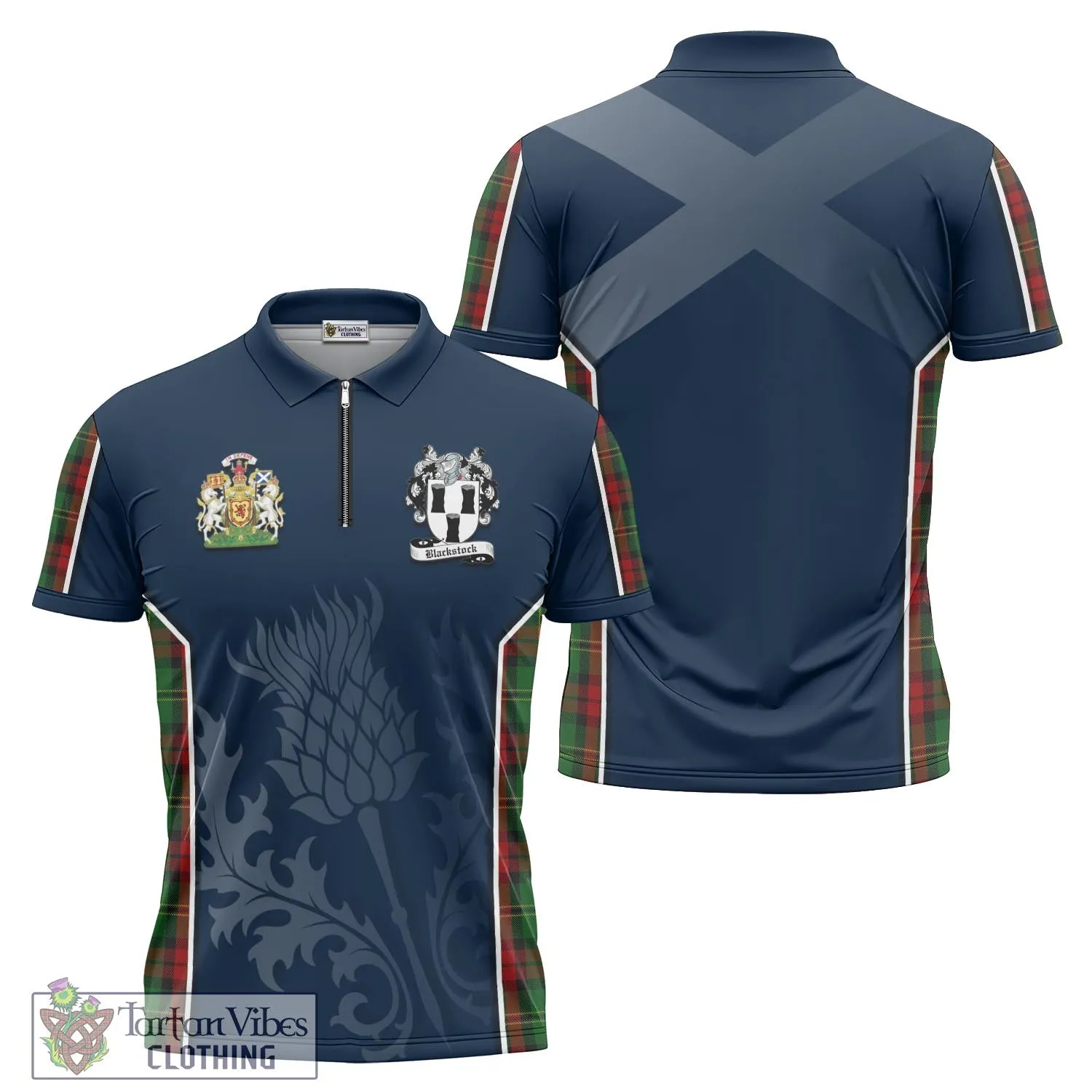 Blackstock Hunting Tartan Zipper Polo Shirt with Family Crest and Scottish Thistle Vibes Sport Style