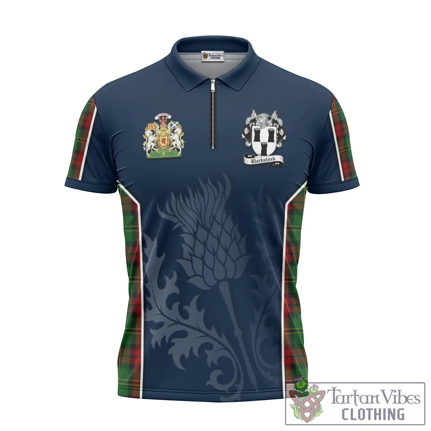 Blackstock Hunting Tartan Zipper Polo Shirt with Family Crest and Scottish Thistle Vibes Sport Style