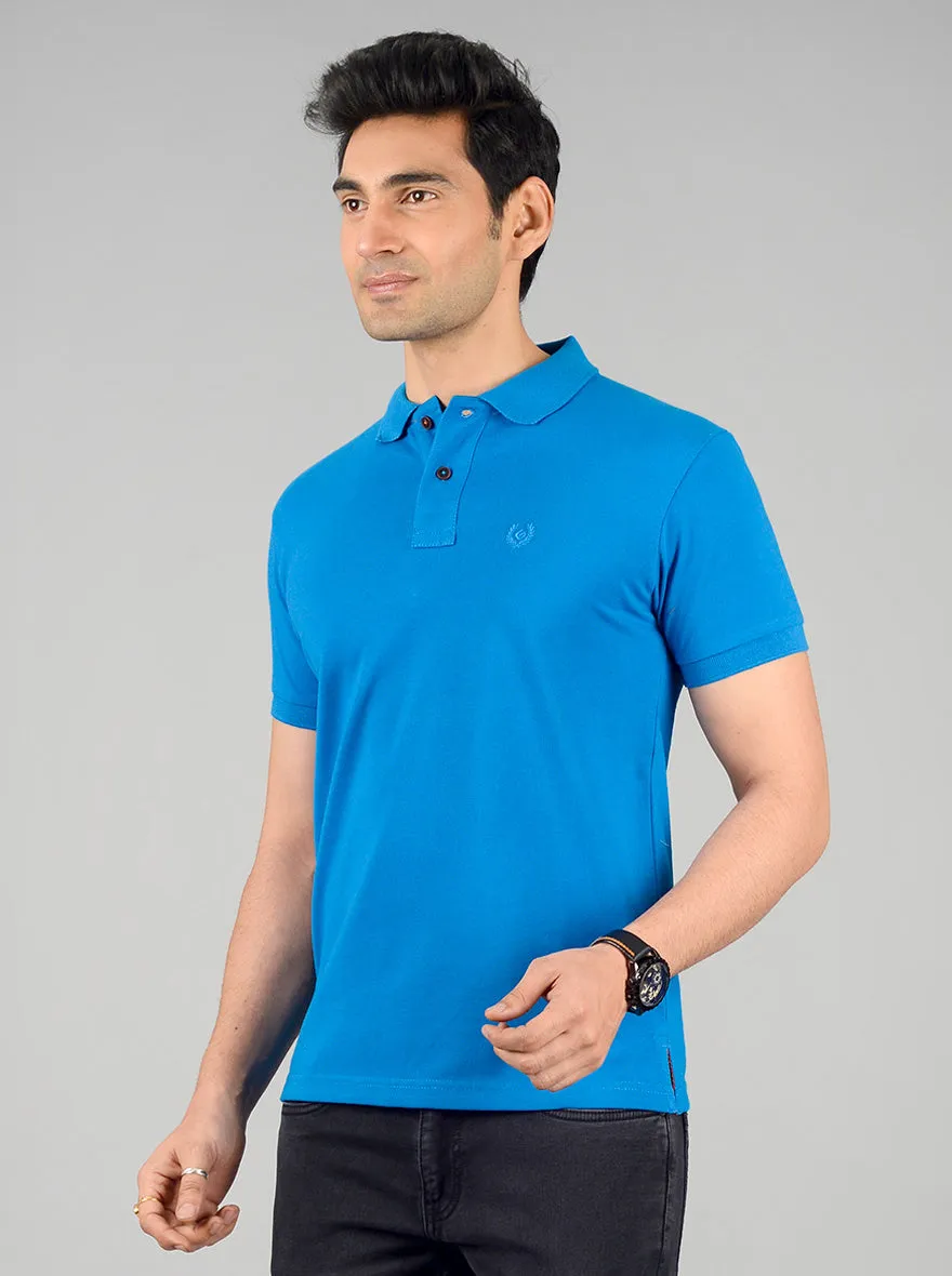 Brilliant Blue Solid Slim Fit Polo T-shirt | Greenfibre