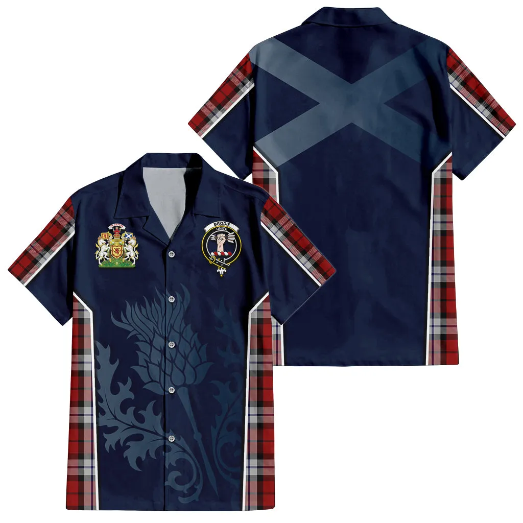 Brodie Dress Tartan Short Sleeve Button Up Shirt with Family Crest and Scottish Thistle Vibes Sport Style