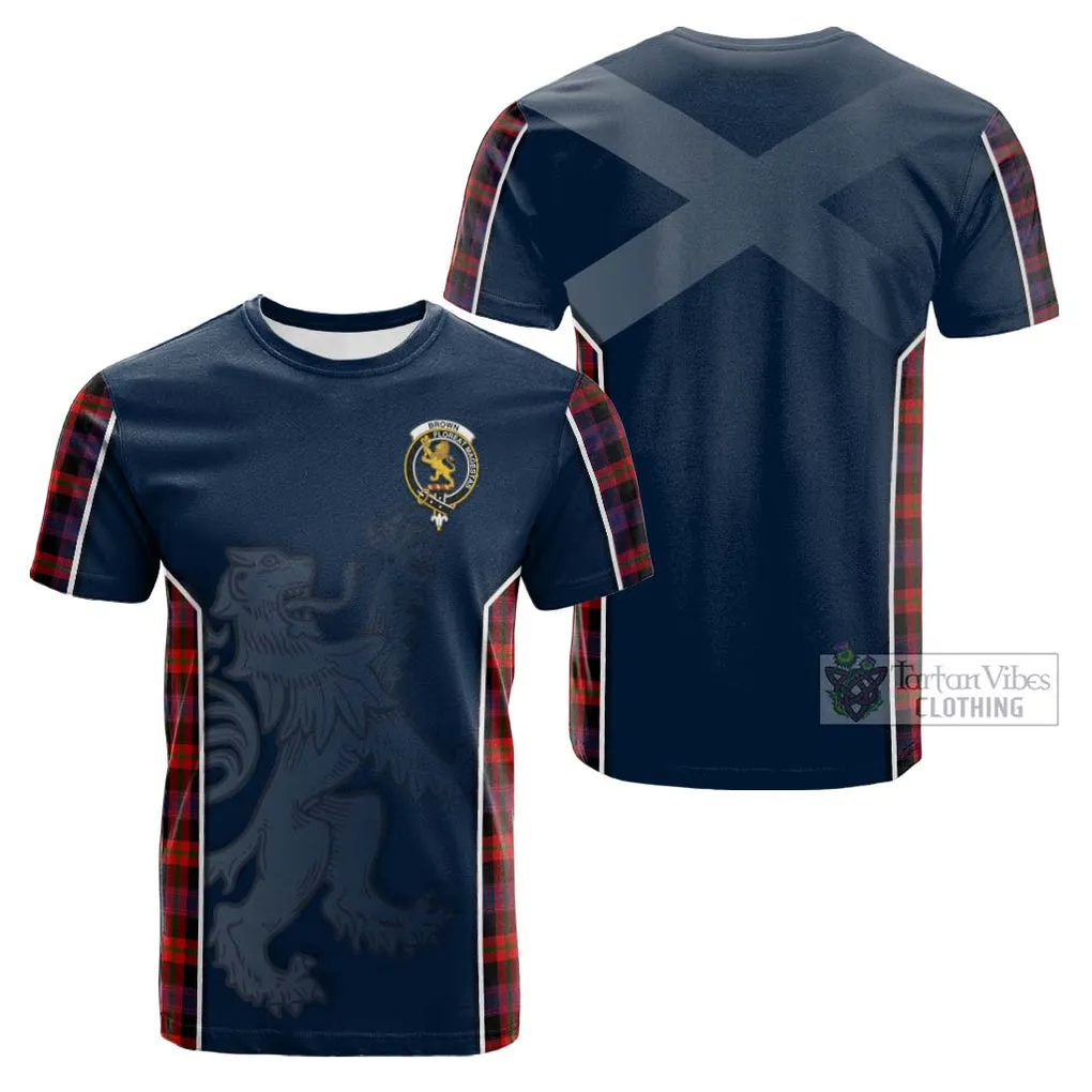 Brown (Broun) Tartan Cotton T-shirt with Family Crest and Lion Rampant Vibes Sport Style