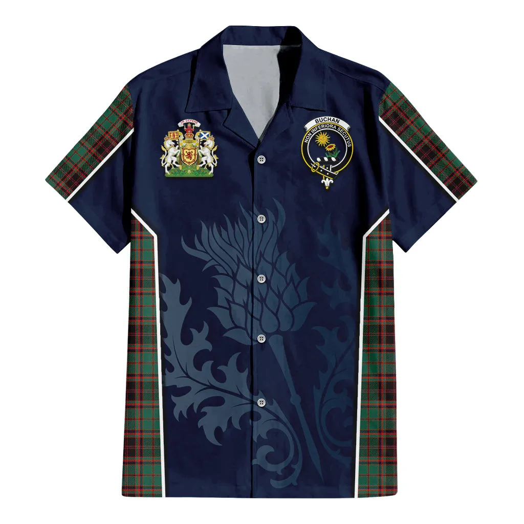 Buchan Ancient Tartan Short Sleeve Button Up Shirt with Family Crest and Scottish Thistle Vibes Sport Style