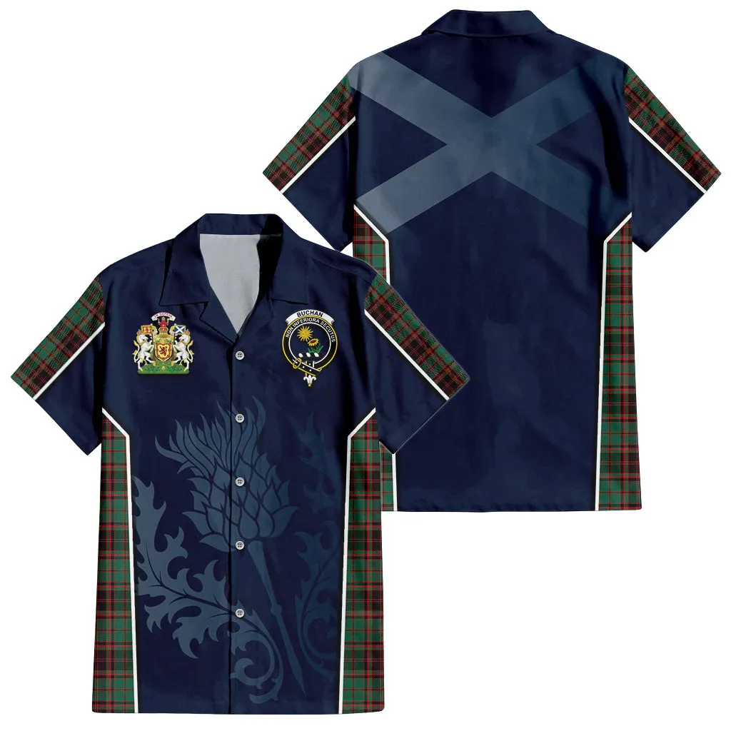 Buchan Ancient Tartan Short Sleeve Button Up Shirt with Family Crest and Scottish Thistle Vibes Sport Style