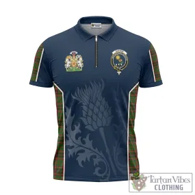 Buchan Tartan Zipper Polo Shirt with Family Crest and Scottish Thistle Vibes Sport Style