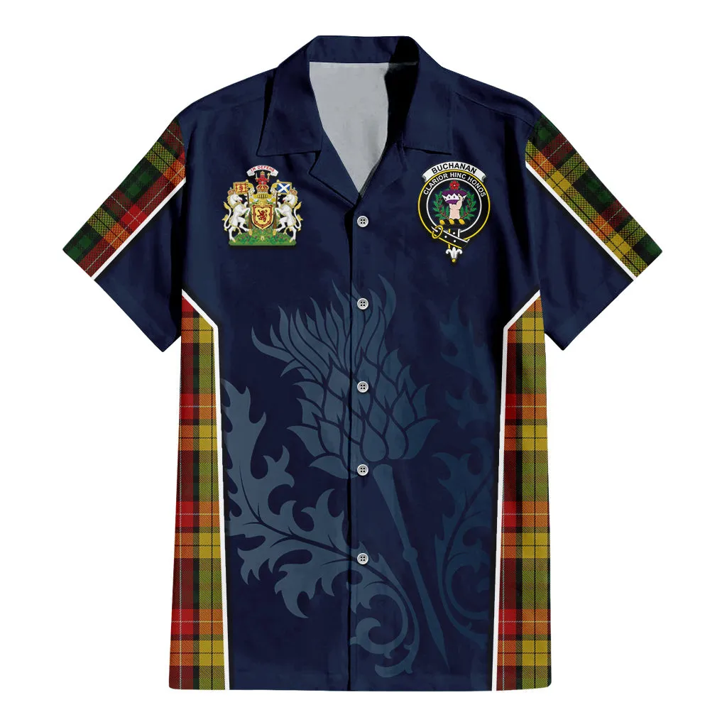 Buchanan Tartan Short Sleeve Button Up Shirt with Family Crest and Scottish Thistle Vibes Sport Style